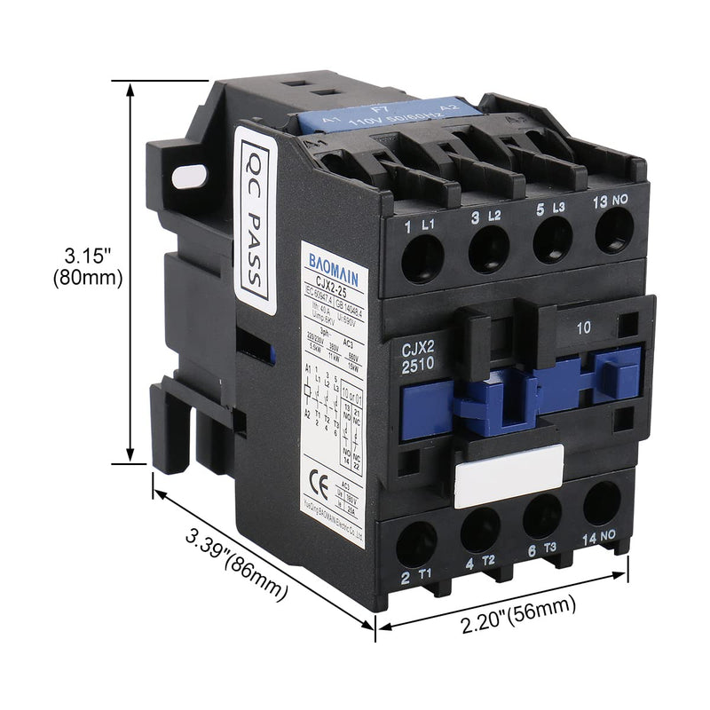 Baomain 3-Pole AC Contactor CJX2-2510 – 110VAC Coil, 3NO+1NO Auxiliary, 660V 3-Phase, DIN Rail Mount,for Motor Starters, Pumps, and Industrial Control Panels 1 AC 110V