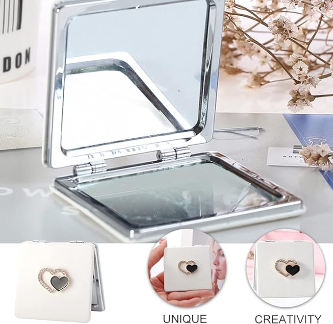 BESTOYARD Hand Mirror, Two-sided Cosmetic Mirror, Metal, PU, Nordic Style, Actress Mirror, Foldable, Square, Compact, Heart, Rhinestone, Gift for Girlfriend, Small, Easy to Carry, For Makeup - NewNest Australia