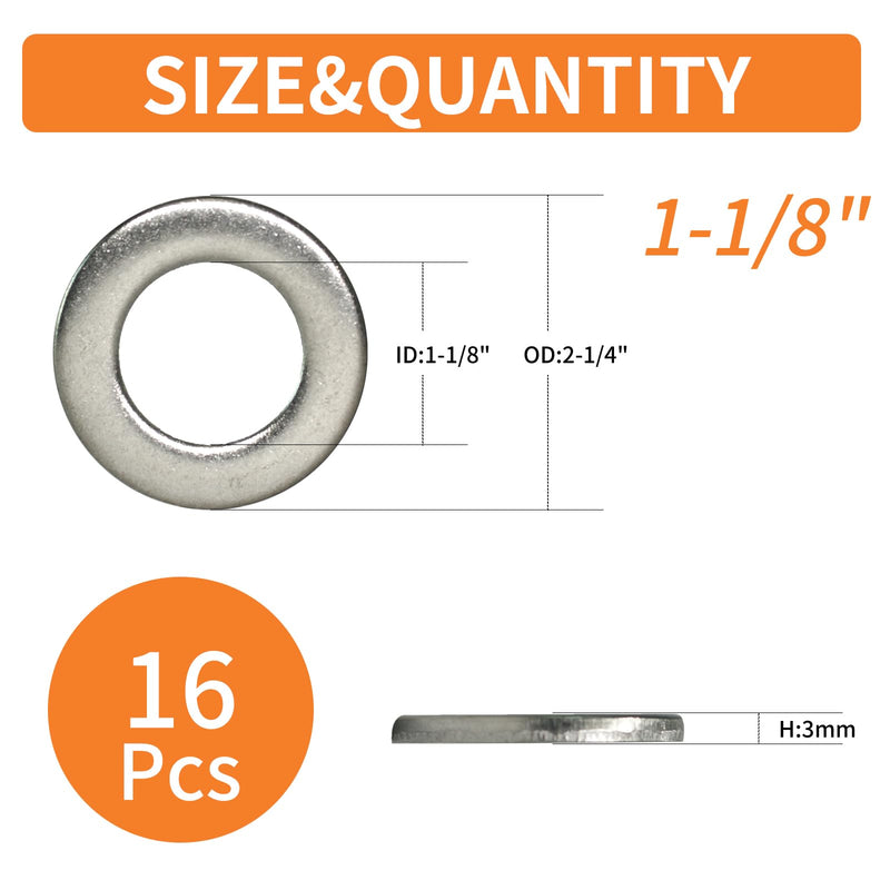 1-1/8" x 2-1/4" (OD) Flat Washers (16pcs), 304 Stainless Steel (18-8), SAE Standard Size, Hardware, ASME B18.22.1 1-1/8"