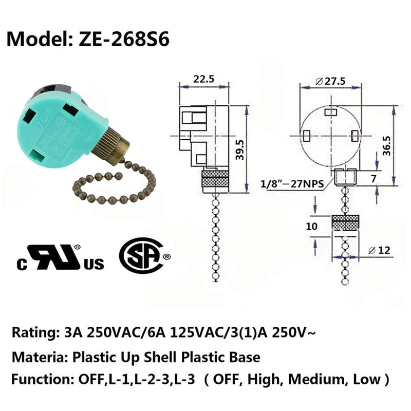 Ceiling Fan Switch ZE-268S6,3 Speed 4 Wire Ceiling Fan Pull Chain Control,Pull Chain Cord Switch Control for Ceiling Fans,Bronze Bronze