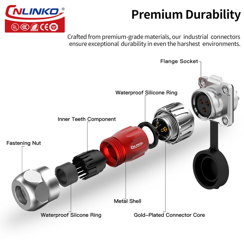CNLINKO M20 Waterproof Connector，DH Series 20 2/3/4/5/7/9/12 Pin Bayonet Connecting Type Metal Shell Soldering Male Plug Female Socket IP68 Connectors (7-Pin) 7 Pin 300V 10A