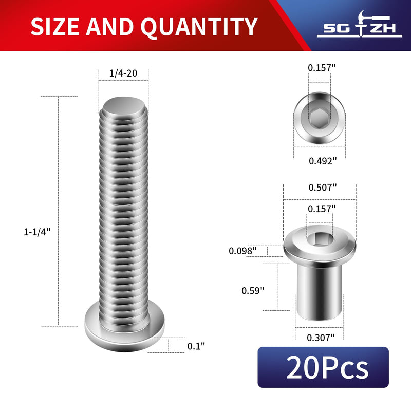 1/4-20 x 1-1/4" 20Pcs Flat Head Hex Socket Cap Screws Bolts Barrel Nuts Kit, 304 Stainless Steel 18-8, Full Thread by SG TZH (with Hex Spanner) 1/4-20 x 1-1/4" Silver 20