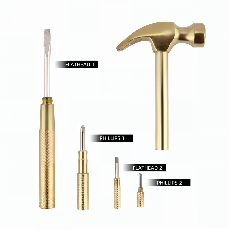 Multifunction Hammer 6 in 1 with Slotted/Flat Head Phillips Screwdriver Claw Hammer Manual, Portable Metal Mini Tool Hammer (Gold) Gold