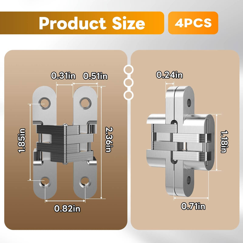 Invisible Hinges for Cabinet Doors - Completely Hidden 180°Hinges,Concealed and Smooth Quiet Close(Silver,0.51"-2.36",4Pack) 0.51"-2.36" | 4Pack Silver
