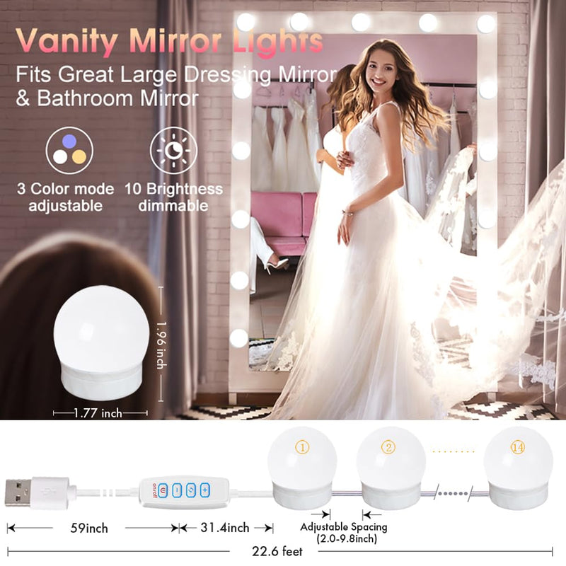 22.6ft Led Vanity Mirror Lights with 14 Dimmable Light Bulbs Makeup Vanity Lights for Big Long Mirror,Mirror Not Included