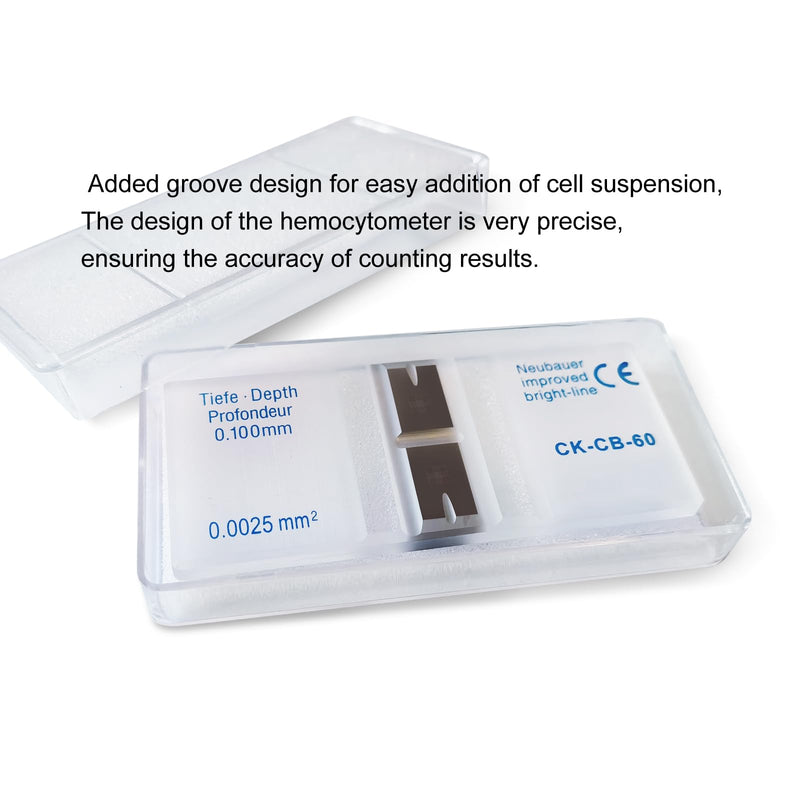 Cell Counting Chamber Hemocytometer Neubauer Improved Blood Counting Chamber with Bright Line and 2 pcs Coverslips (Groove) Groove