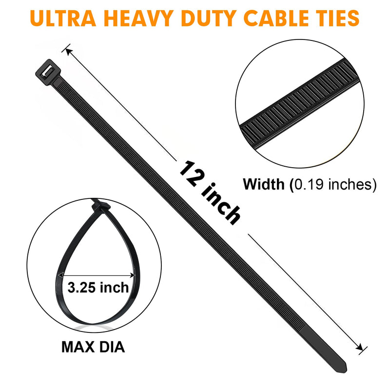 Zip Ties, RAZCC 1200pcs Black Cable Zip Ties 12 Inch, Heavy Duty Plastic Wire Ties with 50lb Tensile Strength, Self-Locking Black Nylon Tie Wraps for Indoor and Outdoor 12"(50lb tensile strength)