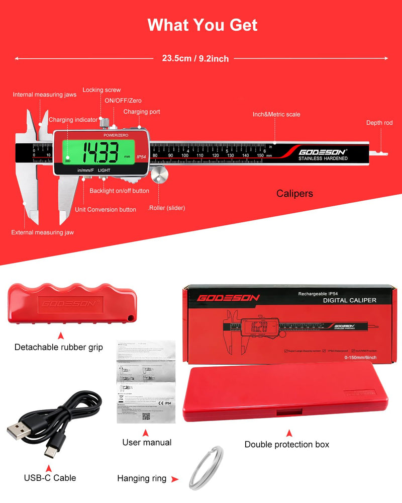 GODSEON 6" Digital Caliper, USB-C Rechargeable Backlight LCD ±0.001" Accuracy, Inch/mm/Fraction Units 5 Modes Auto-Off, Stainless Steel Calipers for DIYers Woodworkers Jewelers, 3D Printing