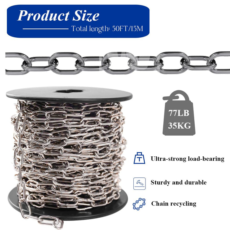 50ft Stainless Steel Chain, 1.5mm Hanging Chain,Jack Chain, Metal Chains are Customizable for Hanging Bird Feeders/Dog Leashes/Signs & DIY Projects(1.5mm with Spool)