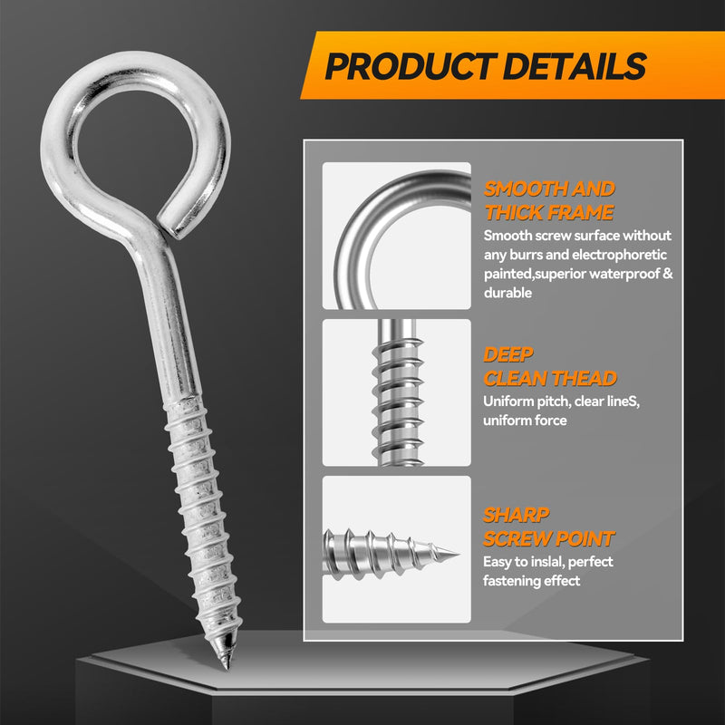 2Pcs 6 Inch Heavy Duty Screw Eyes Hooks, 304 Stainless Steel Self Tapping Eyelet Screw Eye Bolts,800LBS Breaking Strength, Screw in Eye Hooks for Wood Securing Cables Wire. (2, M10-6 Inch) 2