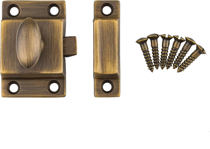 Small Heavy Duty Antique Brass Cabinet Door Latch - 1-3/4" × 1-3/4" - Spring Loaded Cupboard Door Latch with Oval Turn - Vintage Cabinet Hardware | UA-101-LAB (2) 2