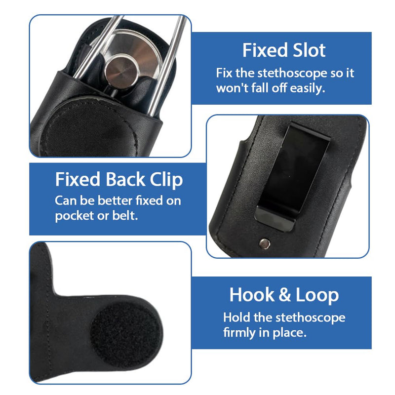 Stethoscope Hip Holder Clip for Nurses EMTs & Medical Students, PU Leather Belt Holster for Scrubs Pockets & White Coats, Hands Free Stethoscope Holder Fits Littmann & Most Stethoscopes Black PU Leather Black