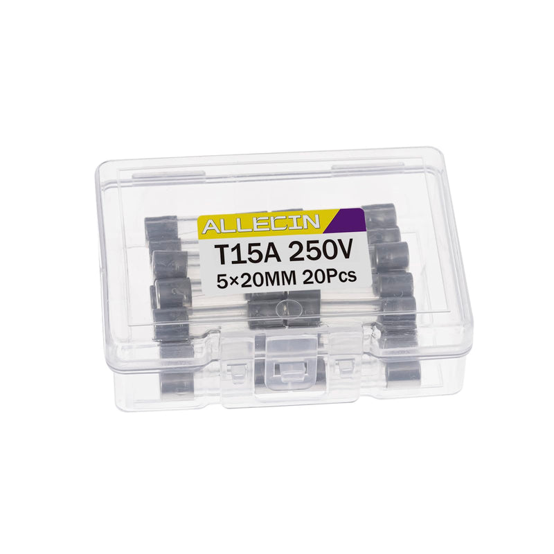 5x20MM 15A 250V Slow Blow Glass Fuses 15 Amp 250 Volt 0.2 x 0.78 Inch Slow-Acting Time-delay Fuse T15AL250V Tube Fusibile (Pack of 20Pcs) T15A