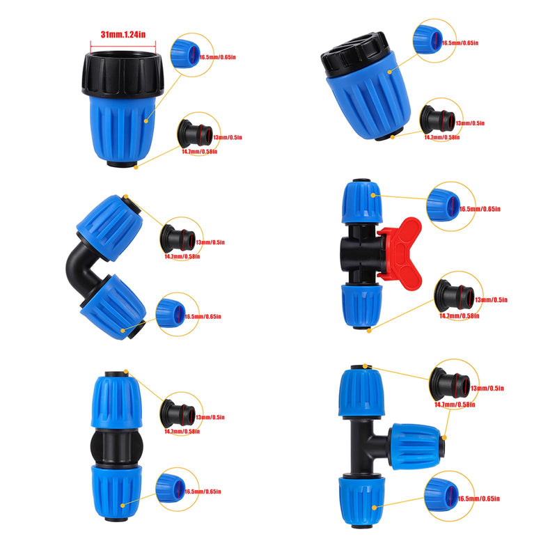 24 PCS Drip Irrigation Fittings Kit Blue Lock Barbed Connectors For 1/2 Inch 16MM Tubing (OD 0.620 in.ID is 0.520. in), 5 Tees,5 Straight,2 Switch Valves,5 End Cap,5 Elbows,2 Adapter 1/2 inch Fittings Kit
