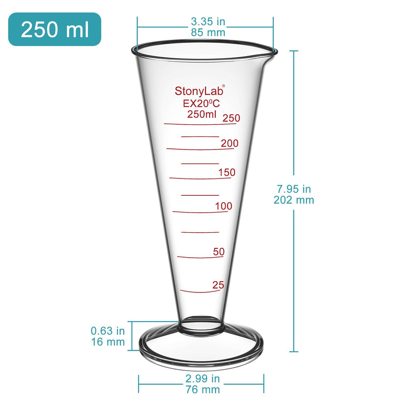 stonylab Graduated Cylinder, 1-Pack Borosilicate Glass Conical Measuring Cylinder Beaker with Wide Mouth and Pour Spout for Precise Measurement, 250 ml