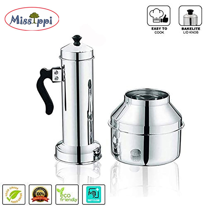 Stainless Steel Puttu Maker/Puttu Kudam with Steamer Plate,Steel Stick and Lid- 1 Unit - Long - 7 Inch