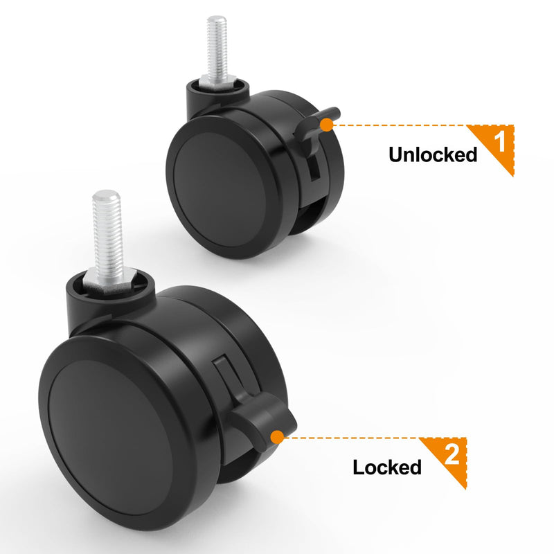 JOY worker Lockable Stem Caster Wheels Set of 4, Metric M8 Nylon Threaded Swivel Caster, 2.5 Inch Stem Casters Replacement for Standing Desk & Mobile Desk, Each Load Capacity 110lbs, Black