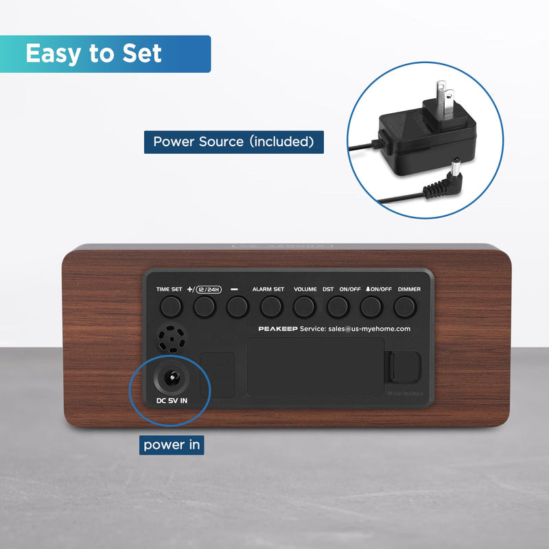 Peakeep Wooden Digital Alarm Clock Large Display, Textured Desk Table Decoration for Bedroom, Living Room, Plug in Clock with Time Date Day, 5 Brightness, Auto DST Brown (Plug In)