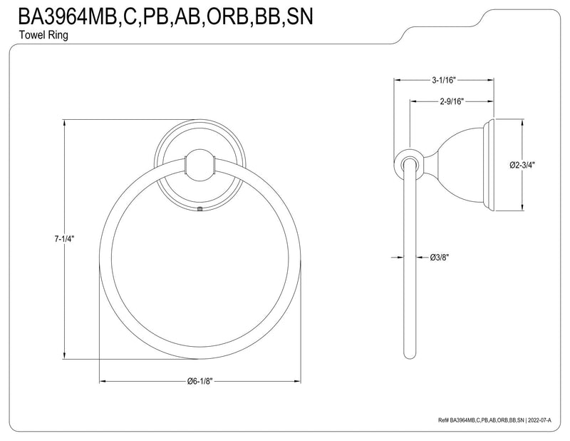 Kingston Brass BA3964MB Restoration 6-Inch Towel-Ring, Matte Black