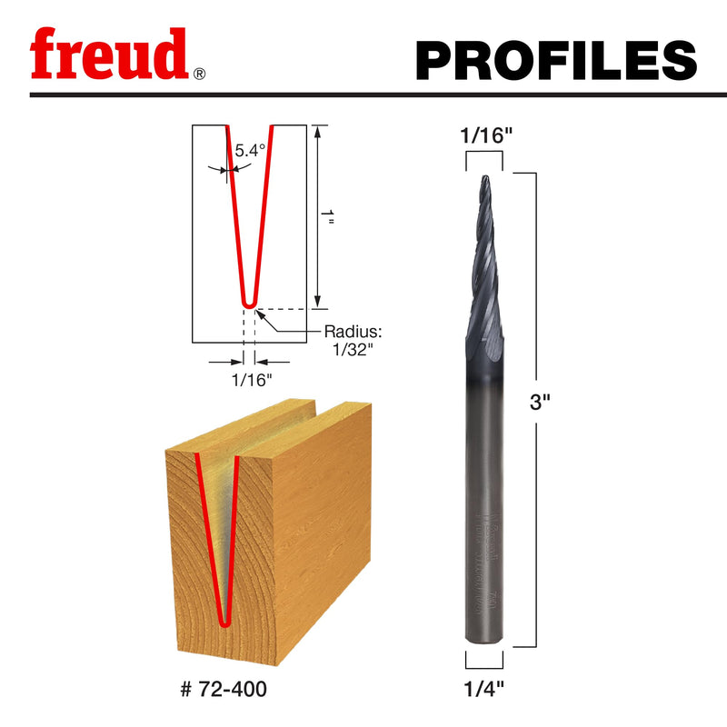 Freud 72-400: 5.4° x 1/16" Tapered Ball Tip -Solid Carbide, 1/4" Shank
