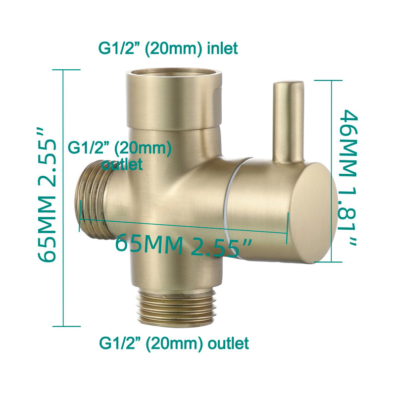 Tecmolog Brass Shower Diverter G1/2" 2-Way Shower Arm Diverter for Hand Held Showerhead and Fixed Spray Head, Brushed Gold, DSF007J2
