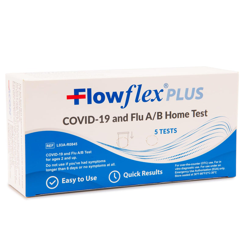 Flowflex® Plus COVID-19 and Flu A/B Home Test - (1 Package, 5 Tests) Flu A&B 3-in-1 Antigen Rapid Test, Results in 15 Minutes, FDA Authorized. Non-invasive Nasal Swab, Easy to Use with No Discomfort 1 Pack, 5 Tests