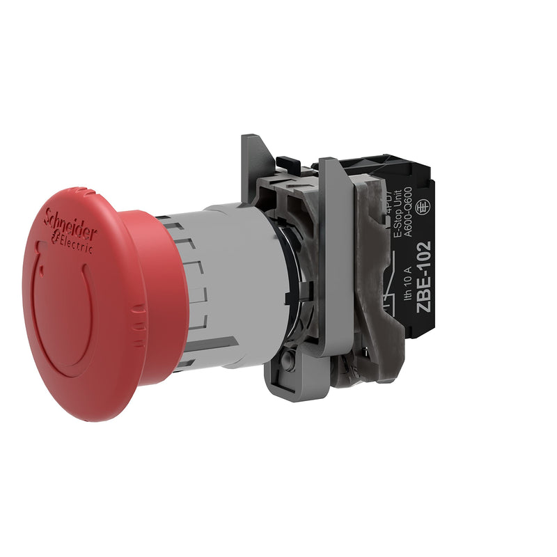 Schneider Electric XB4BS8442 Emergency Switching Off Push Button Switch for Industrial Machinery, Chromium Plated Metal Bezel, Fits 22mm Diameter Cutouts, Trigger Latching Turn to Release, 1NC