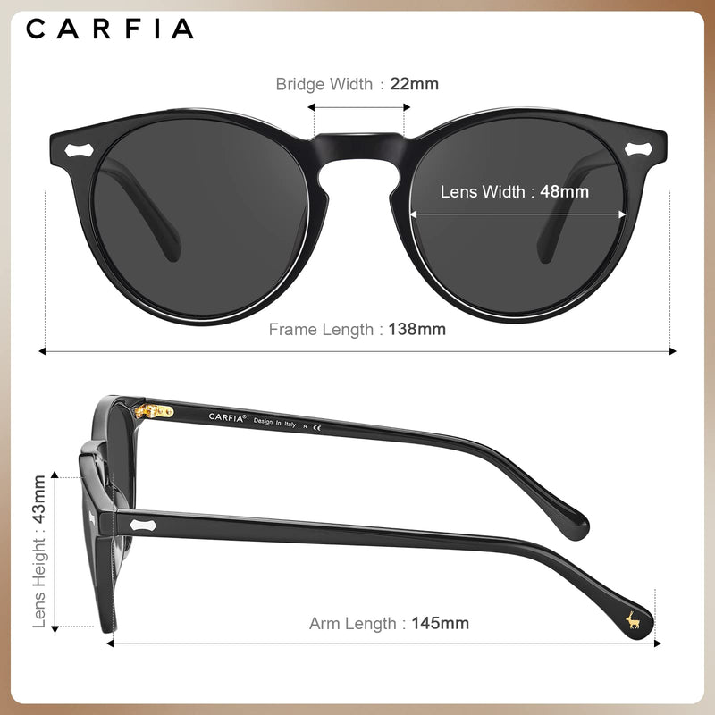 CARFIA Polarized Sunglasses for Women: Acetate Frame, Small/Medium Size, UV400 Protection - Anti Glare CA5288 3. Black Frame Grey Lens Small Face Frame Width 138mm