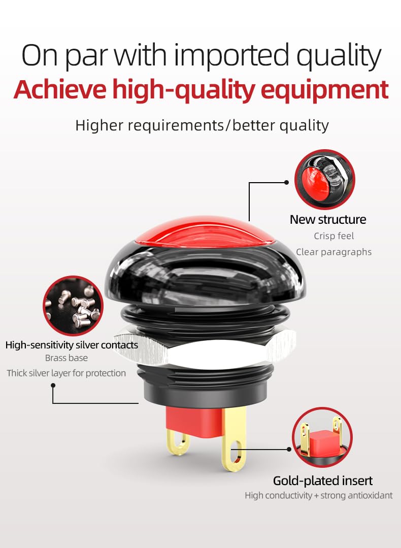 5pcs 12mm Momentary Push Button Switch Mini Round Switch IP68 Waterproof Gold-Plated Insert One Normally Open 3A 250V AC SPST NO 2 Pin PBS-33B (Red) Red
