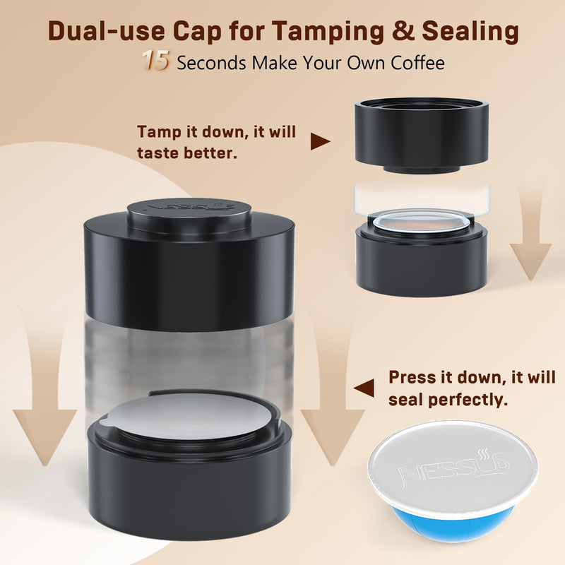 Nessus Reusable Vertuo Capsule Kit, [ALSeal EZ FIT] for Reusable Nespresso Pods with 100 Pcs Aluminum Foil Seal Lids, Holder, Brush, for Refilling Nespresso Vertuo Pods Reusable Vertuoline Pod Black 1 Holder + 100 Foils + 1 Brush