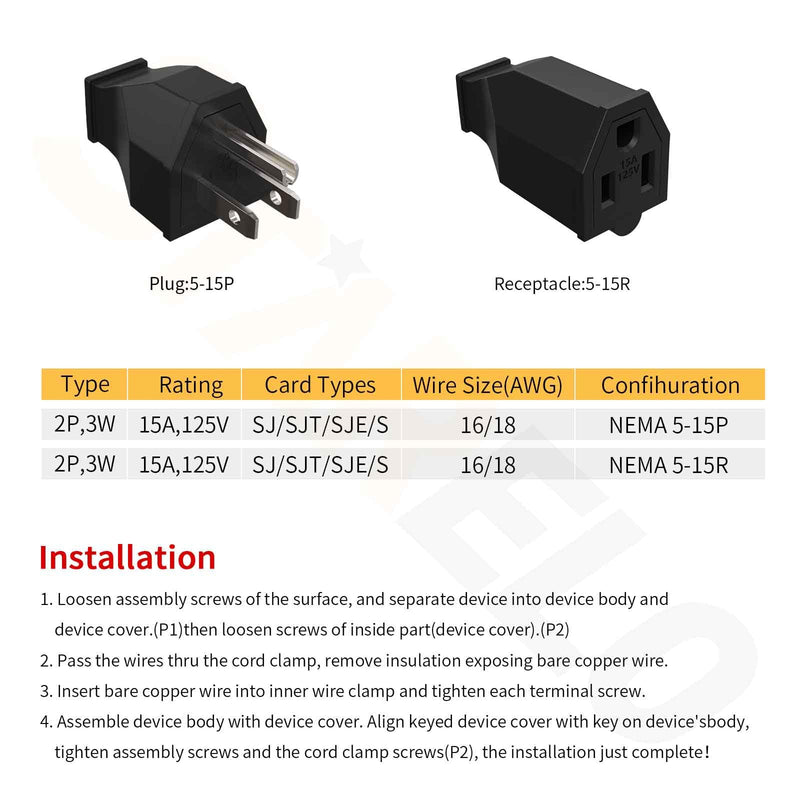 STARELO Extension Cord Ends 125V 15A 2Pole 3Wire Male Plug and Female Connector Straight Blade Plug Replacement Electrical Extension Cord End(Male & Female 5 Set) female/male5SET