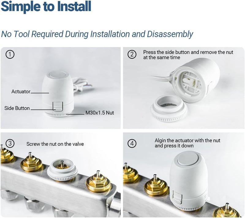 WiseWater Normally Closed 2 wire 24V Electric Thermal Actuator, 2-wire Connection Electric Actuator Thread M30*1.5 for Floor Heating Manifold in Underfloor Heating System