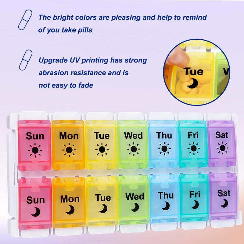 HRX Package Medicine Pill Boxes 7 Day AM/PM, Easy Fill & Open Medication Organizer Vitamin Reminder Holder Day and Night Colorful