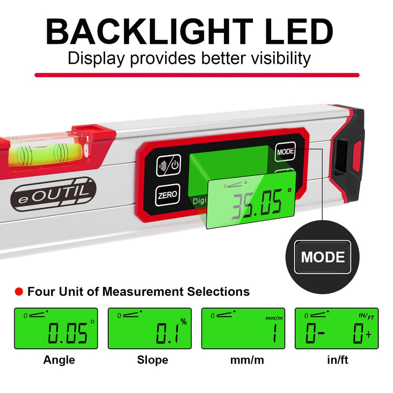 Digital Level and Protractor, 12 Inch IP54 Protected Electronic Bubble Inclinometer Angle Finder with Large LED Backlight and Magnetized V-Groove Base（Red） Red