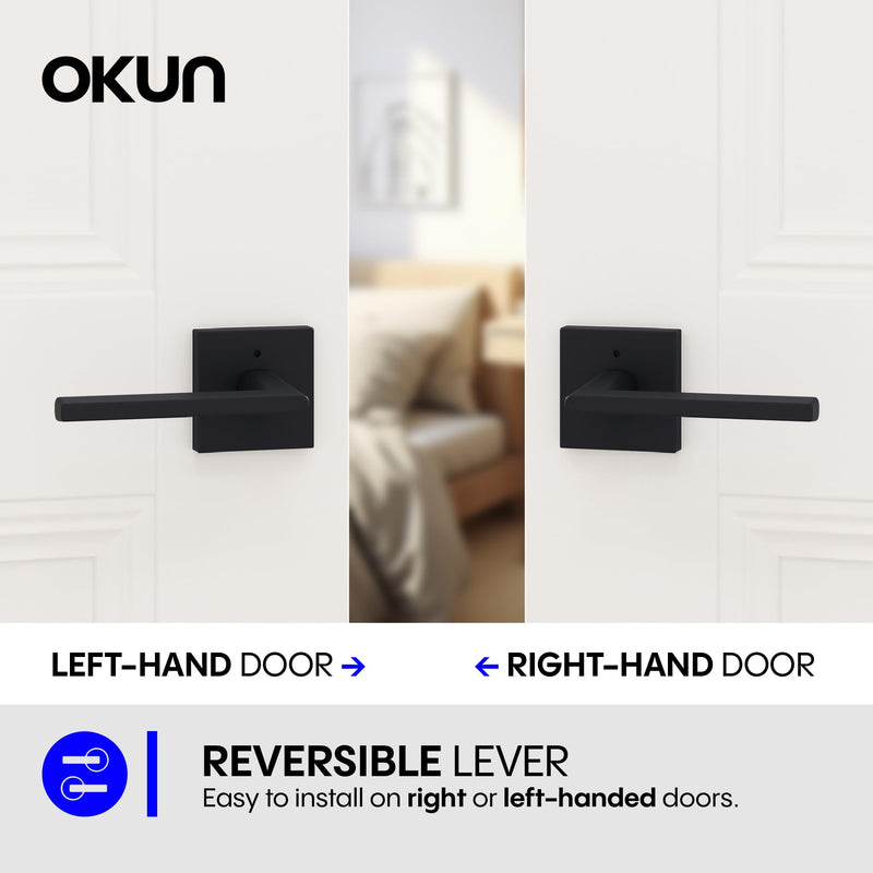Okun Quadra 1-Pack Matte Black Privacy Door Levers – Push Button Lock, Reversible, Sleek Concealed-Mount Design for Bedroom & Bathroom 1 Pack