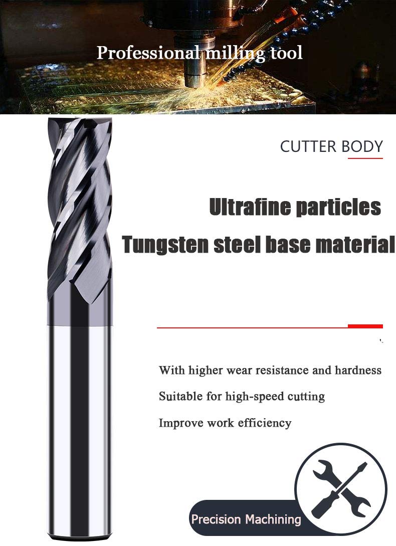 joleully 1/2" Carbide Square End Mill, HRC 45 Deg Single End 4 Flute AlTiN Coating Mill Bits