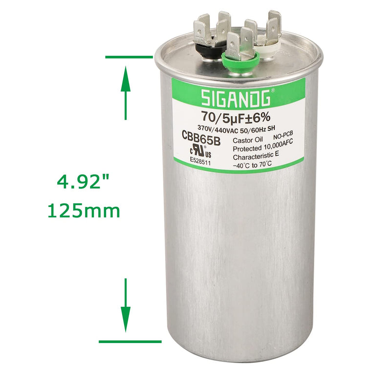 70+5 MFD 70/5 uF 370 or 440 Volt CBB65B Capacitor for AC Motor Run，Condenser Straight Cool，Heat Pump， Air Conditioner，HVAC Capacitor 70+5 MFD