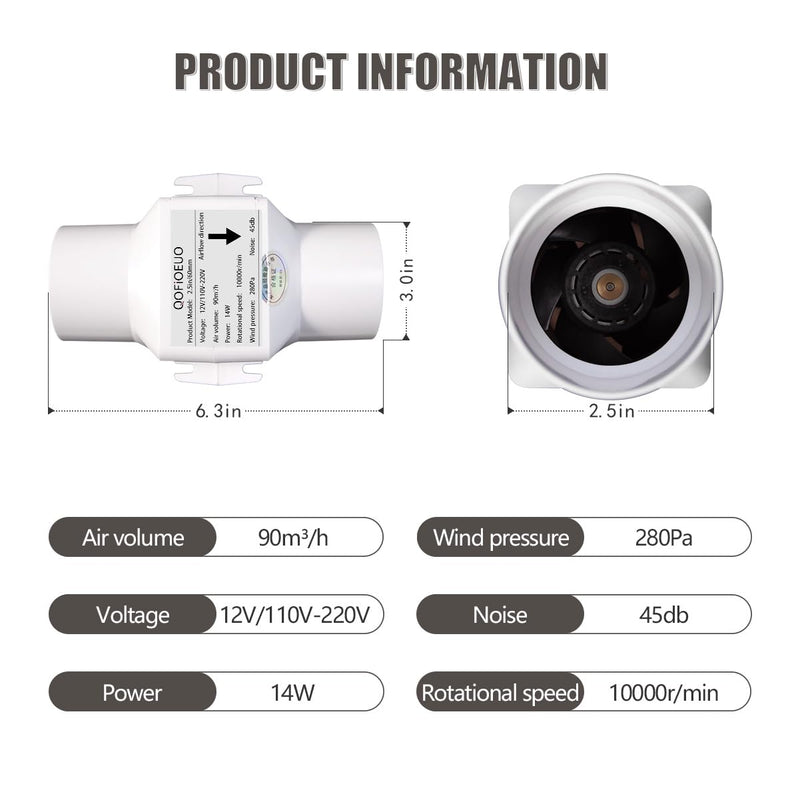 2.5 inch/60mm Inline Booster Duct Fan 14W with Variable Speed Controller Ventilation Cooling Exhaust Fan Low Noise Energy Efficient Blower Can Fan for 3D Printer Bathroom Kitchen (Adjustable Speed) Adjustable Speed
