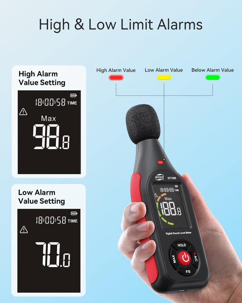 Decibel Meter, Sound & Noise Decibel Level Reader Monitor, SPL Meter 30dB to 130dB(A) with Record, Visual Alarm, A/C Weighted, Rechargeable for Home, Classroom GT1355