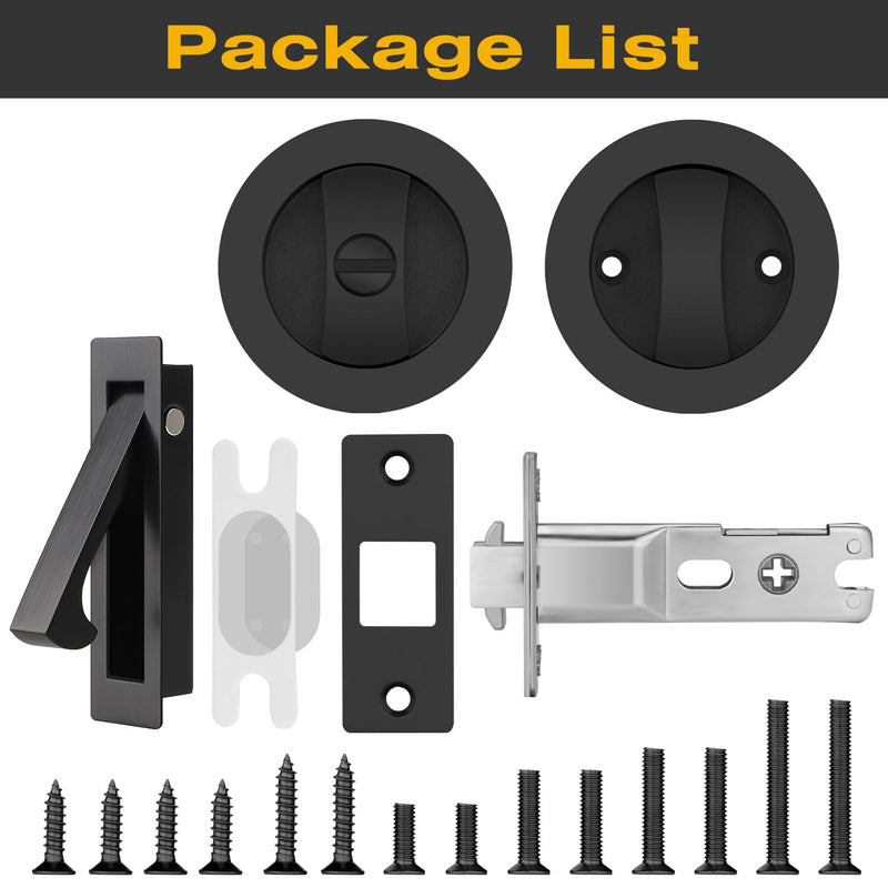 1 Pack Matte Black Pocket Door Lock, Keyless Privacy Pocket Door Hardware for Bedroom Bathroom, Sliding Pocket Door Handle with Edge Pull, Reversible for Left/Right Doors Round - 1 Pack Privacy + PLB
