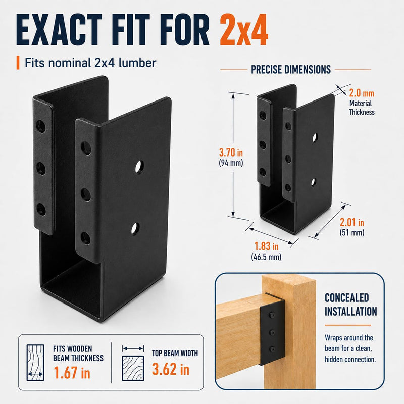 (40PCS) Concealed Joist Hangers 2"x4" Outdoor Hidden Flange Bracket, Q235B Heavy Duty Steel Powder Coated Joist Support, Rustproof Deck Beam Railing Bracket for Pergola, Swing, Handrail, Fence 40PCS