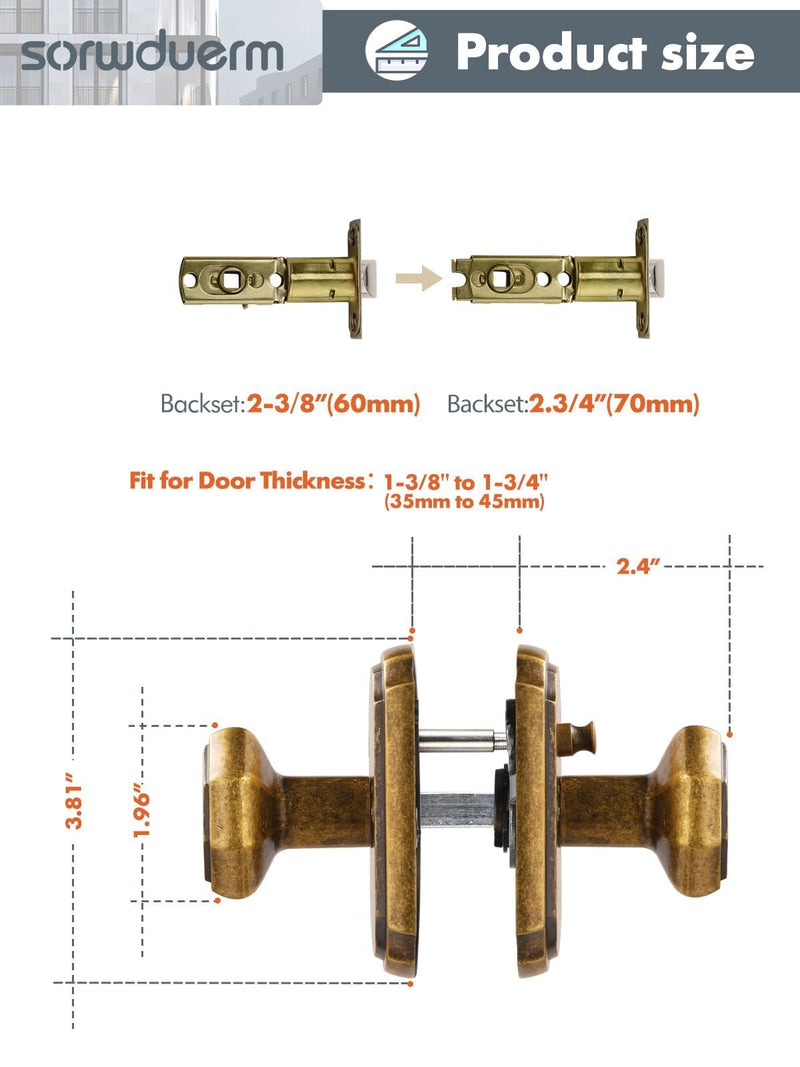 1 Pack Antique Brass Door Knobs Interior Privacy Door Knob with Lock for Bedroom and Bathroom,Zinc Alloy 1