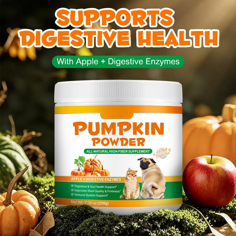 Organic Pumpkin Powder for Dogs&Cats,All Natural Fiber for Dogs&Cats, with Digestive Enzymes, Apple,Digestive & Gut Health Support Constipation Relief Suitable for Adult Dogs & Cats