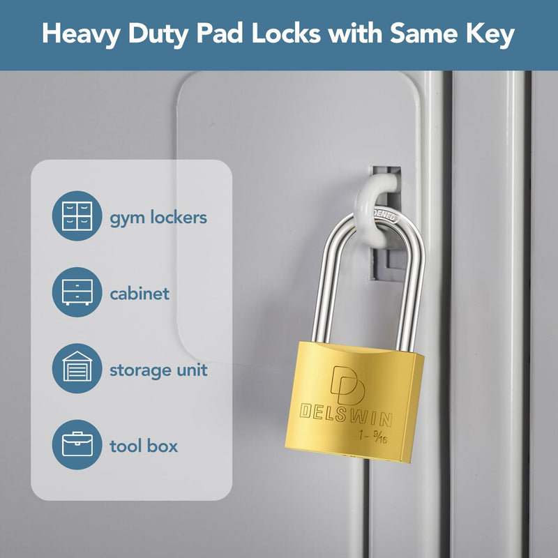 DELSWIN Weatherproof Padlock with Key - Heavy Duty Gym Locker Lock with 1-9/16" Solid Brass Lock Body, Hardened Steel Shackle, Marine Grade Pad Lock for Outdoor Gate, Fence, Shed (Keyed Alike, 2 Pack) 2Pcs Keyed Alike