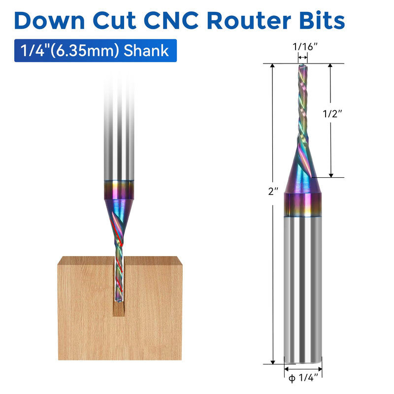 2pcs Downcut Spiral Router Bits 1/4 inch Shank, 1/16 Inch Cutting Diameter, Carbide with Nano Blue Coating CNC Router Bits End Mill for Wood Cut, Carving (1/16" Dia -1/2" CL - 1/4" Shank) 1/16" Dia -1/2" CL - 1/4" Shank