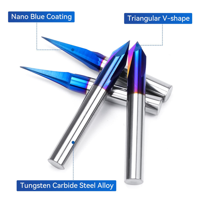 CNC Wood Carving Router Bits Set 1/4 Shank 15° Detail Carving Liner+ 20° Profile Bit+ 60° & 90° V Groove Router Bits 1/4 Shank with Nano Blue Coated, for CNC Engraving and Chamfering