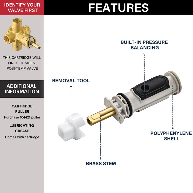 1222 Replacement Cartridge with Removal Tool 104421 and Handle Adapter Kit 116653 for Moen, Compatible with One Hanlde Posi Temp Shower Faucet