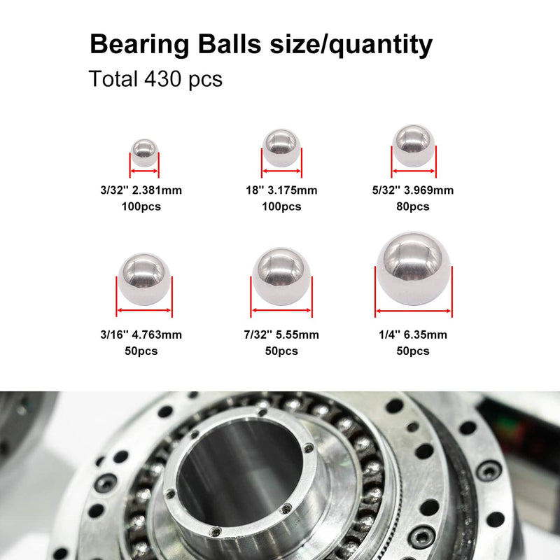 weideer 430pcs Stainless Steel Precision Steel Balls Bicycle Bearing Balls Metal Mixing Balls Assortment Kit 1/4" 7/32" 3/16" 5/32" 1/8" 3/32" K-086-430