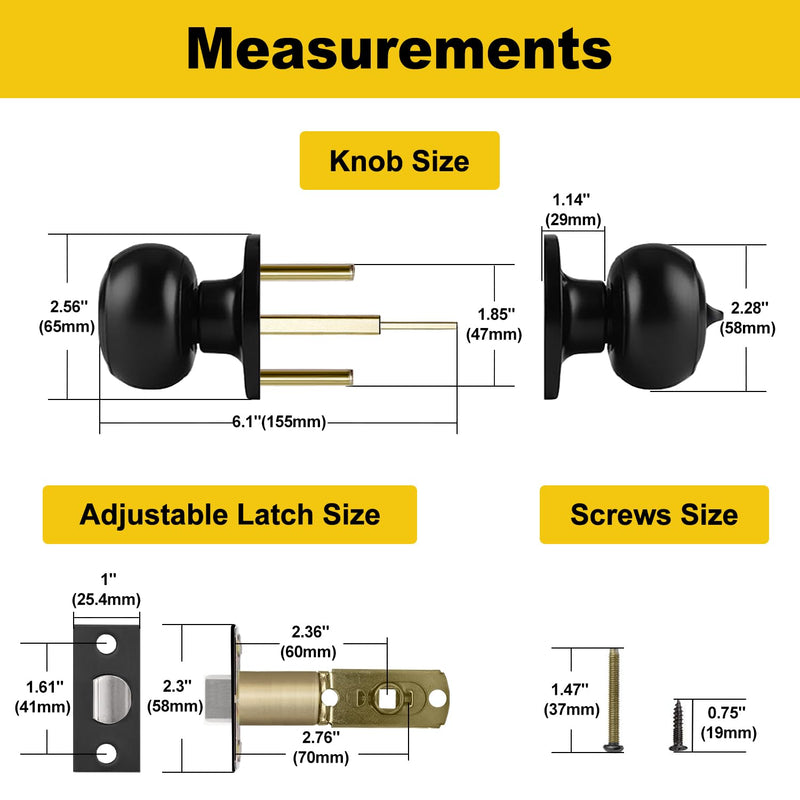 CML Hardware Matte Black Privacy Door Knob, 4 Pack Keyless Lock Set for Bedroom or Bathroom, Interior Door Lock for Bed/Bath, Round Ball Handle