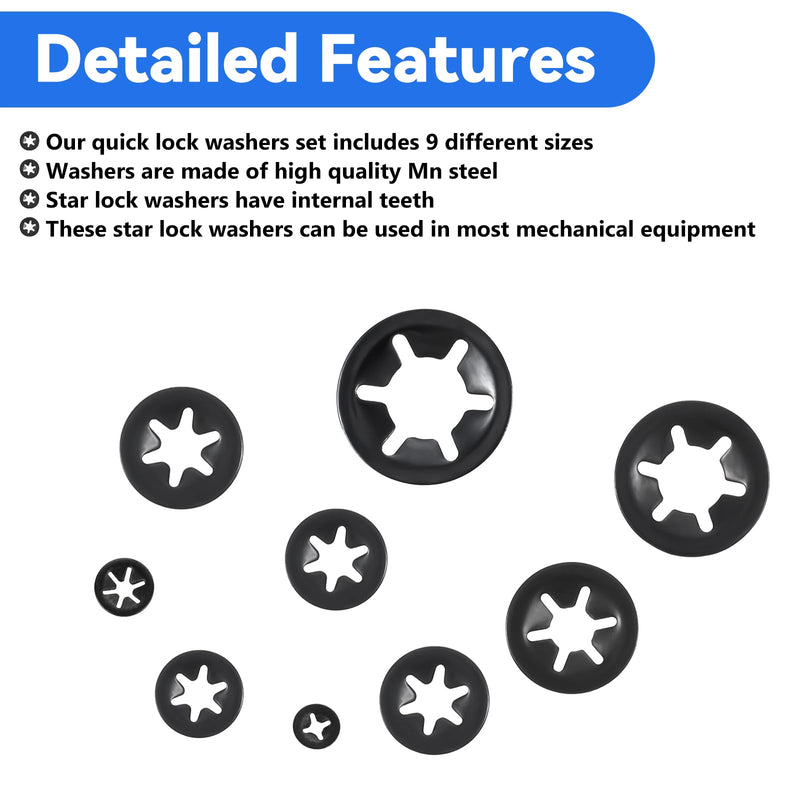 265PCS 9 Sizes Internal Tooth Star Lock Washers, Large Quick Speed Push On Lock Washers, Black Hardware Nuts Kit, Push Nuts Assortment